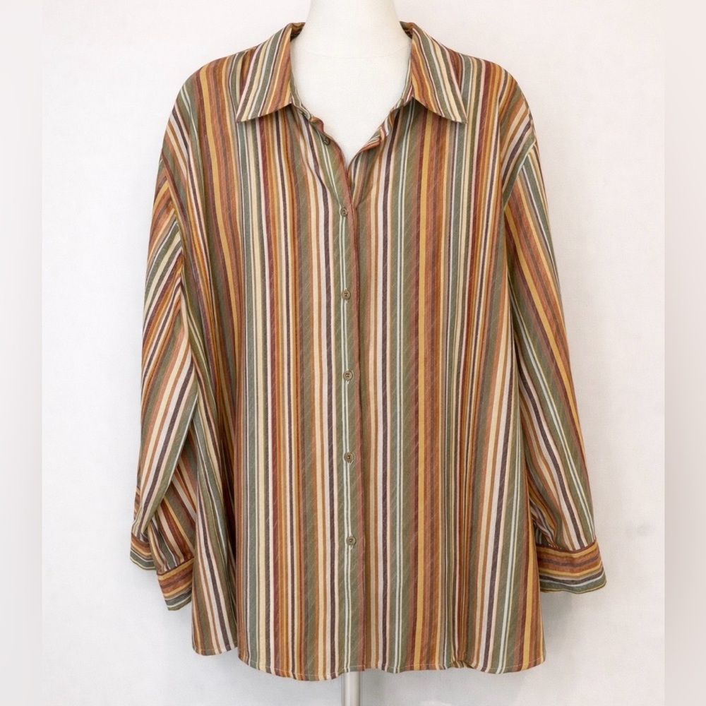 Alfred Dunner Women’s 24W Striped Button Front Shirt Top 3/4 Sleeve Cotton Blend